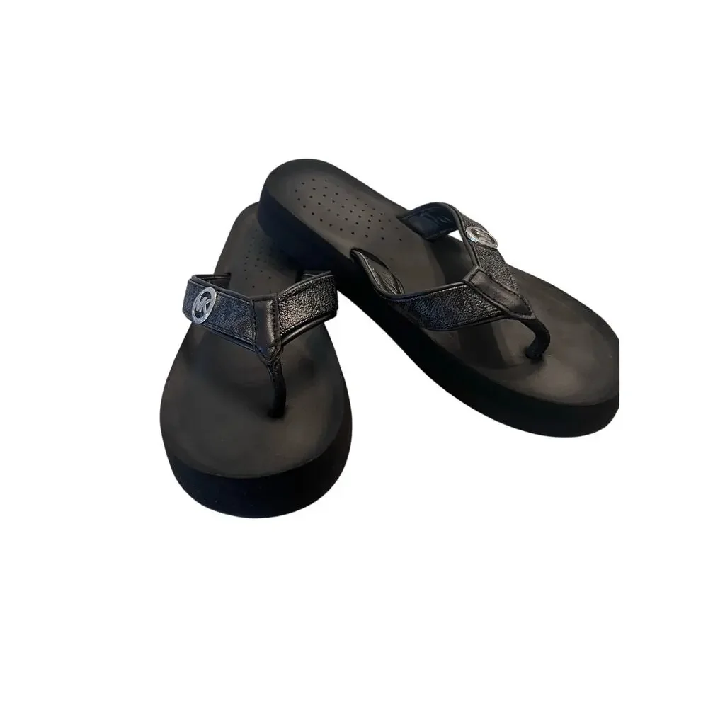 Michael Kors Woman's 8 Monogram Black Wedge Flip Flop Comfort Sandals